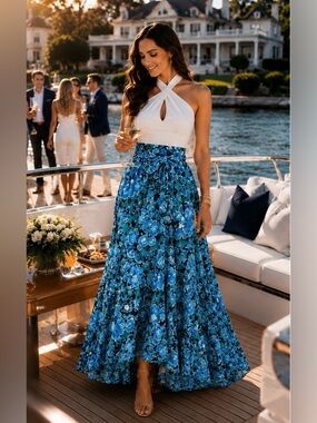 Alivia Dalia Convertible Skirt Dress Anthropologie Blue Floral Maxi Midi NWT